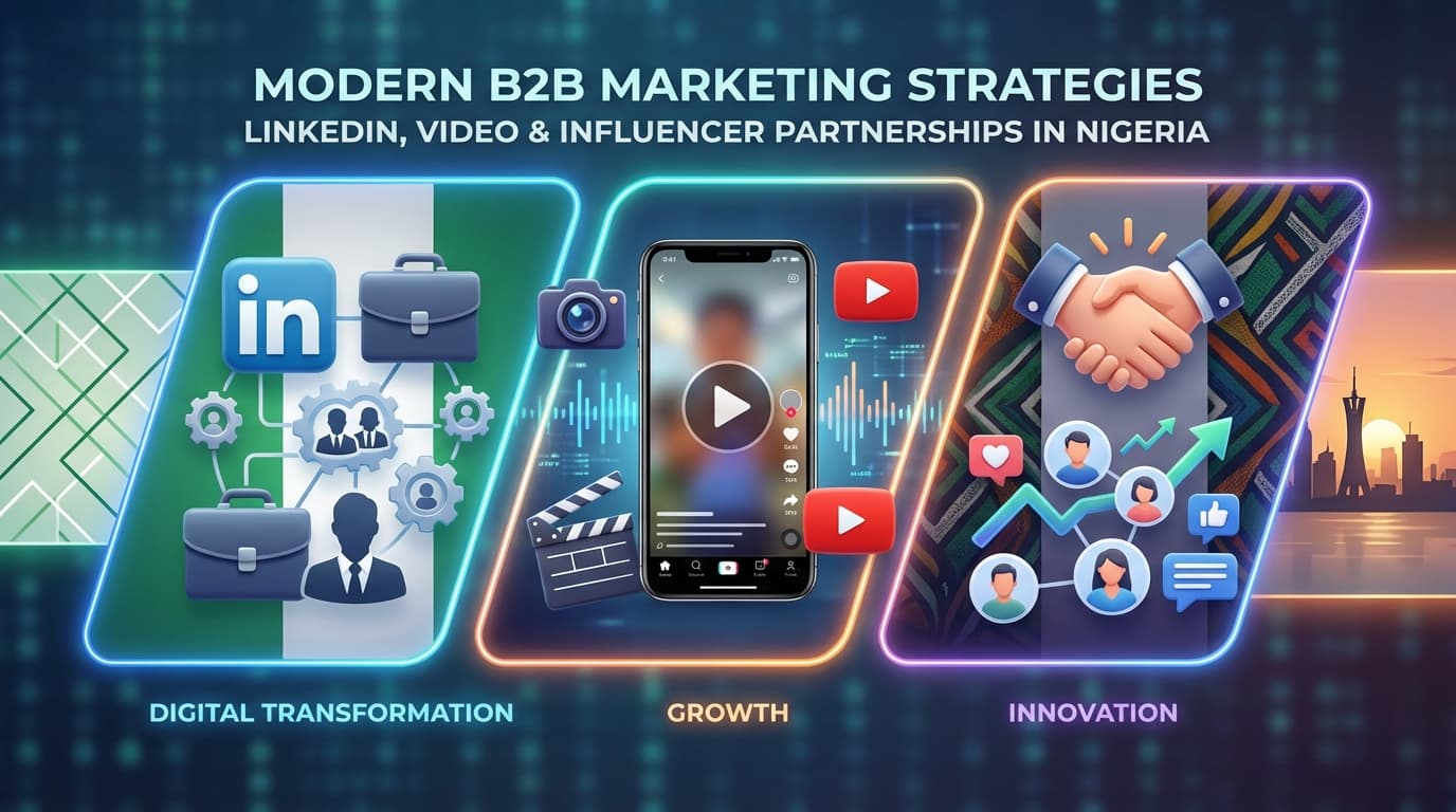 A Modern Professional Featured Image For A Digital Marketing Blog Post The Image Represents LinkedIn BB Marketing Video Content Creation TikTokYouTube And Influencer Partnerships In Nigeria It Features A Clean Corporate Yet Energetic Design With A Vi