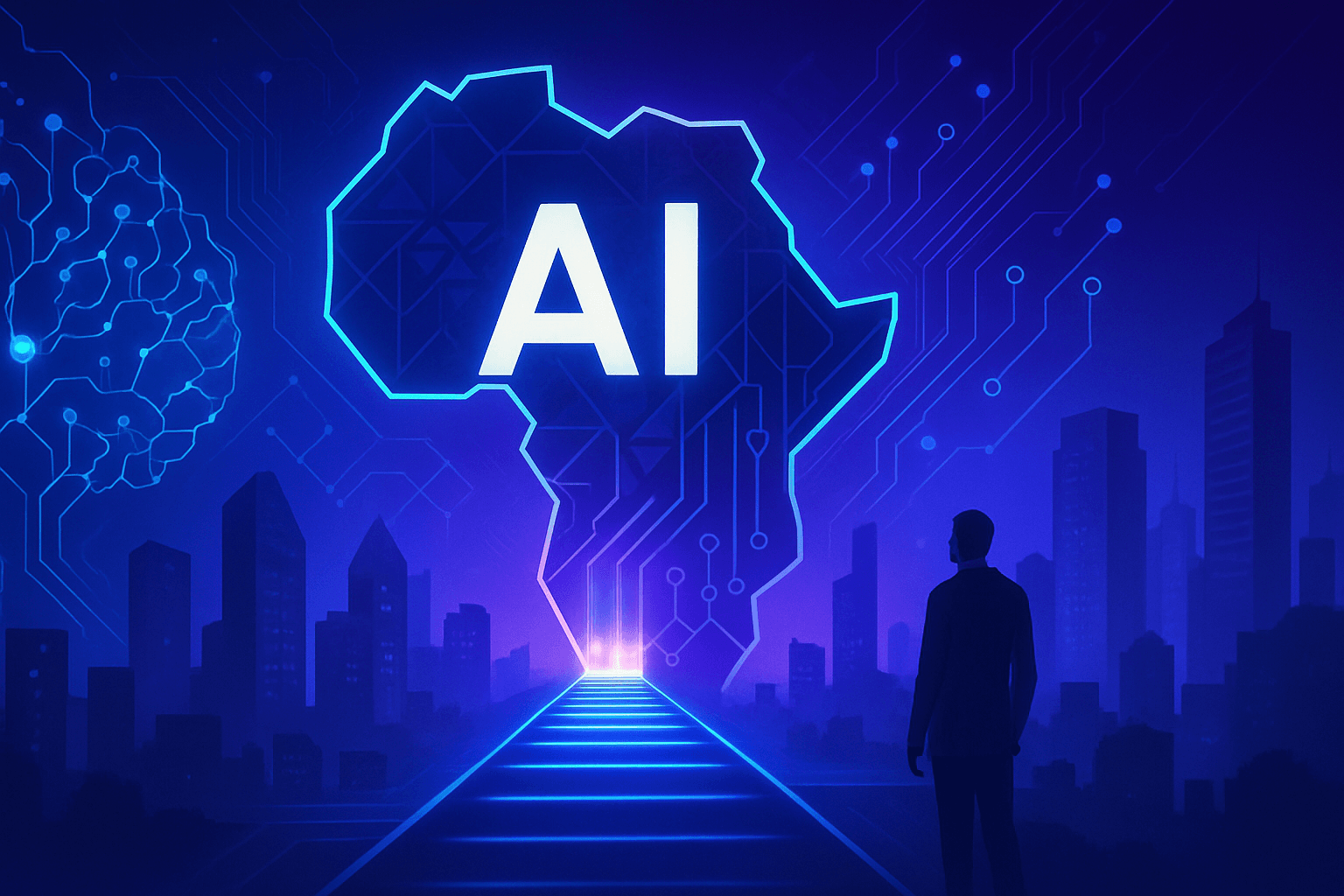 A Modern Professional Featured Image For An AI Roadmap Article Targeting African Corporates The Image Is In A Wide Landscape Format Suitable For A Blog Hero Image It Features A Sleek Futuristic Visualization Combining AI And Technology Themes Such A