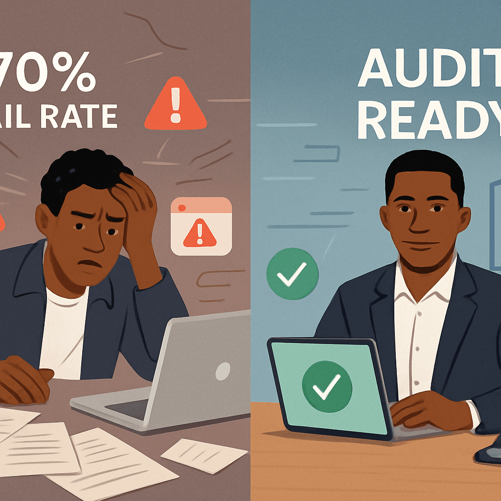 A Modern Professional Split Screen Illustration In Landscape Orientation Xpx Depicting The Digital Audit Journey For Nigerian SMEs The Left Side Shows A Stressed Nigerian Business Owner With Medium Dark Skin Tone At A Cluttered Desk Surrounded By Sca