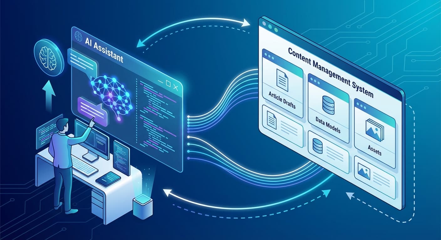A Modern Professional Technical Illustration Depicting AI Assisted Development And Content Management The Left Side Shows A Developer Interacting With An AI Assistant Represented By Glowing Neural Network Patterns And A Chat Interface The Right Side