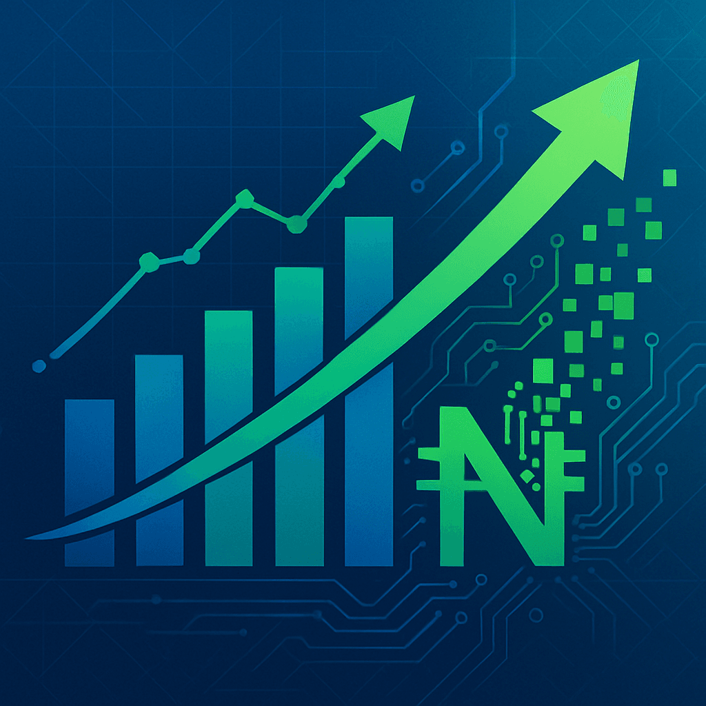 A Professional Business Growth Visualization Featuring Upward Trending Charts And Growth Graphs In Blues CC AE And Greens AB ECC The Image Includes Abstract Representations Of Technology With Circuit Patterns And Digital Elements Morphing Into Curren