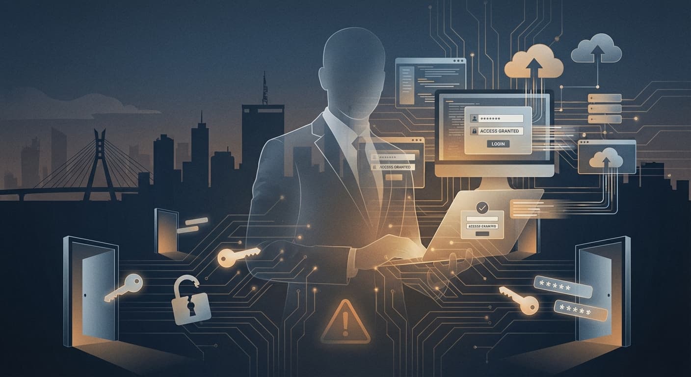 A Professional Illustration Depicting The Shadow Employee Concept In A Nigerian Business Context The Image Features A Silhouette Or Ghost Like Figure Of A Business Professional Fading Into Digital Elements Such As Computer Screens Login Interfaces Da