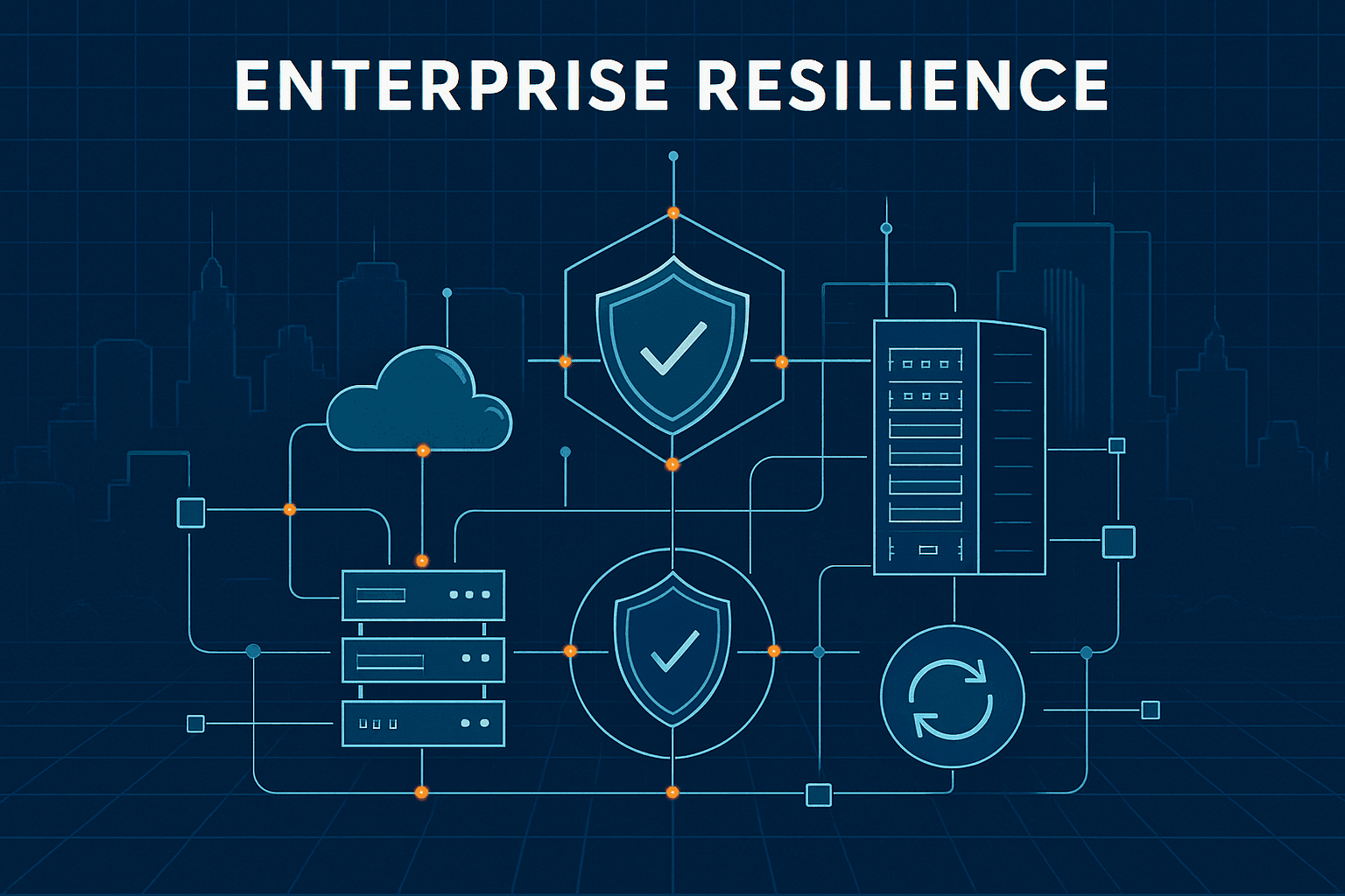 A Professional Modern Business Illustration Depicting Enterprise Resilience And Strategic IT Infrastructure The Image Features A Strong Geometric Blueprint Style Design With Interconnected Nodes And Systems Forming A Resilient Network Structure Visua