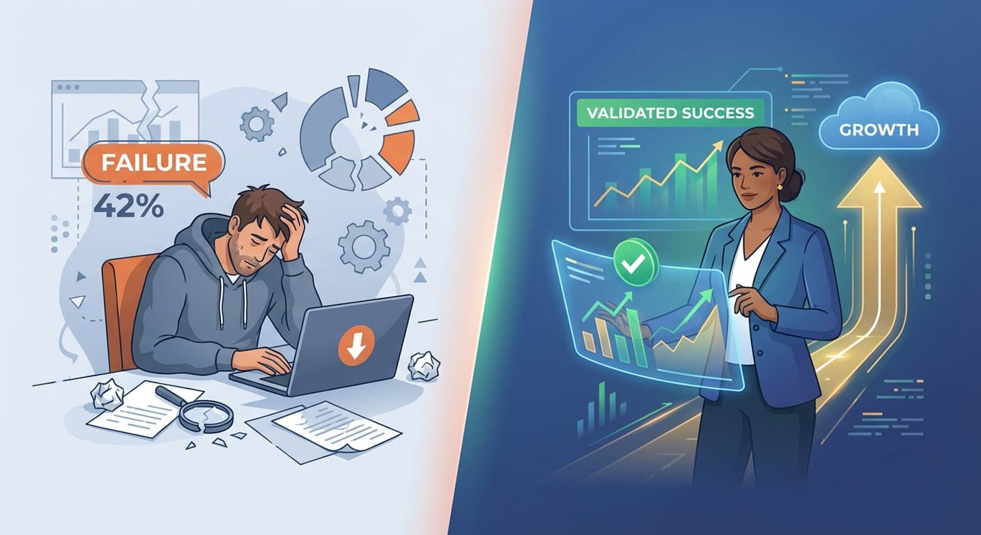 A Professional Modern Business Illustration Depicting Startup Validation And Decision Making The Image Features A Split Screen Composition On The Left Side A Frustrated Founder Surrounded By Failed Product Elements Broken Charts And Wasted Resources