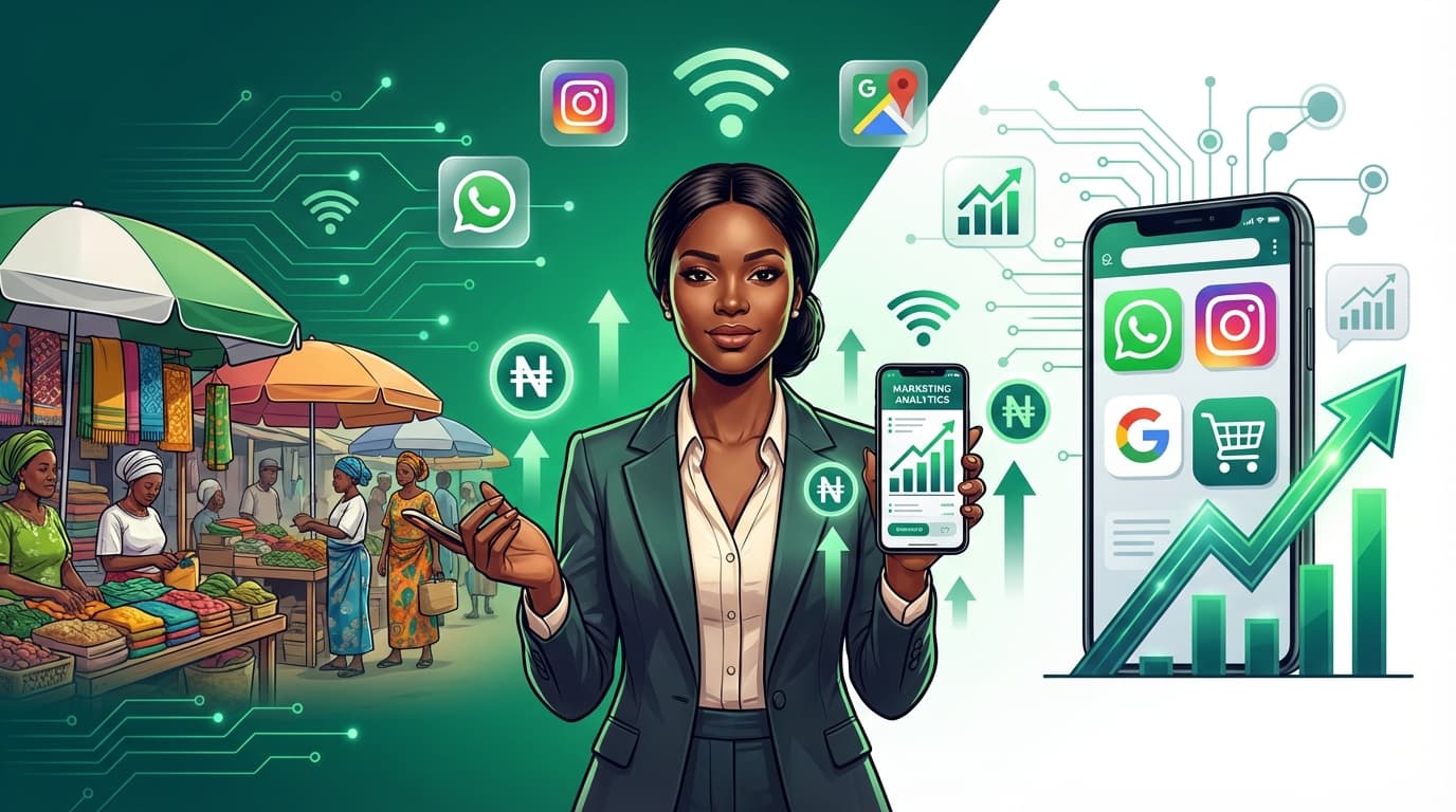 A Professional Modern Featured Image For A Digital Marketing Blog Post Targeting Nigerian SMEs The Image Features A Sleek Contemporary Design With Nigerian Business Elements Including The Nigerian Flag Colors Green And White Subtly Integrated It Show