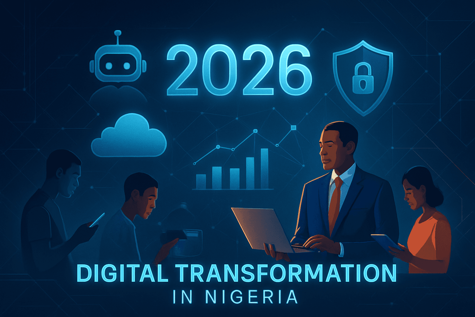 A Professional Modern Featured Image For An IT Strategy Blog Post The Image Depicts A Futuristic Digital Transformation Concept Within A Nigerian Business Context It Includes Visual Elements Representing The Pillars AIautomation With A Robot Or AI I