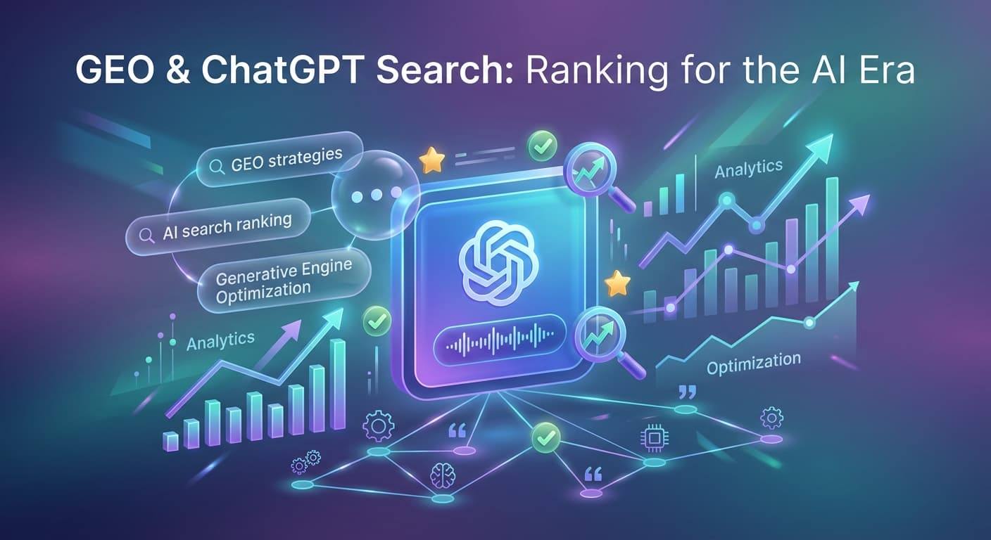 A Professional Modern Featured Image For An Article About GEO Generative Engine Optimization And Ranking On ChatGPT Search The Image Depicts A Futuristic Digital Landscape With AI Search Interface Elements Central To The Image Is The ChatGPT Logo Or