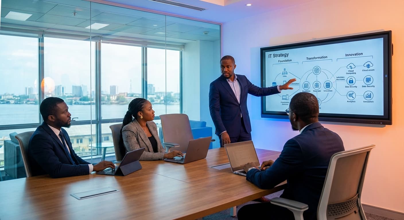 A Sophisticated Professional Business Scene Depicting A Diverse Team Of Nigerian Business Professionals Collaborating On IT Strategy In A Modern Lagos Office Boardroom The Foreground Features A Confident Nigerian Business Leader In A Dark Suit Standi